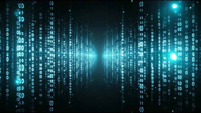Mesmerizing digital binary code symbols flowing on dark background representing data technology and cyber concepts.