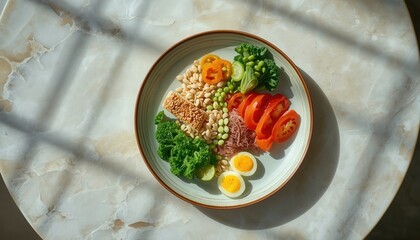 Colorful Culinary Harmony: A meticulously arranged plate of wholesome foods showcases a vibrant array of culinary delights, artfully designed for a balanced and visually stunning dining experience.