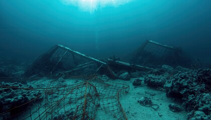 Underwater Ruins: An underwater scene of fallen, decaying structures, highlighting the haunting beauty of the ocean depths and the passage of time.