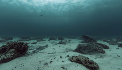 Underwater Scene: Glimpse into the depths of the ocean, where the sea bed, scattered with rocks, and the sunlight streams through the water. Evoking a sense of serenity.