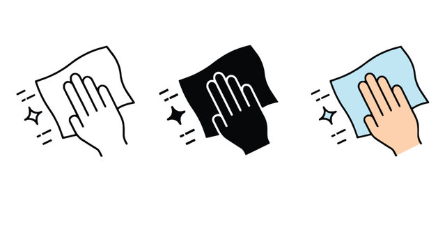 A hand holding a cloth in different colors and styles for cleaning