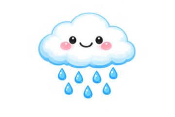 Kawaii smiling cloud character icon raining blue drops, cute weather symbol, happy cartoon doodle, transparent background