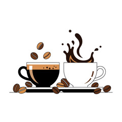 Two coffee cups, one black and one white, with coffee beans and splashes