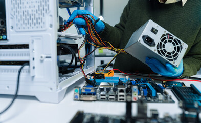 Hands repairing electronic devices. Electronic technician.