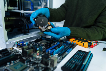 Hands repairing electronic devices. Electronic technician.