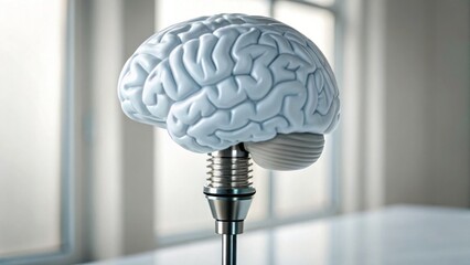 A futuristic representation of a brain mounted on a metallic base, symbolizing the intersection of biology and technology.