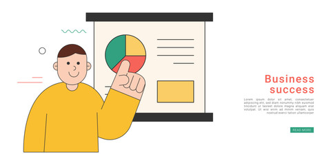 Business Success. Flat business illustration of a man presenting a pie chart on a presentation board, explaining data analysis, marketing strategy, statistics, and business success concepts.
