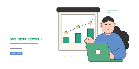 Business Growth. Flat business illustration of a man analyzing growth charts on a presentation board while working on a laptop, showing analytics, strategy, finance, and business performance success.