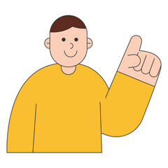 Flat character illustration of a smiling man pointing up, showing idea, explanation, guidance, or solution concept, suitable for business, education, and communication themes.