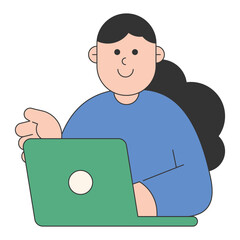 Flat character illustration of a woman working on a laptop and explaining ideas, showing online communication, remote work, education, business presentation, and digital workflow concepts.