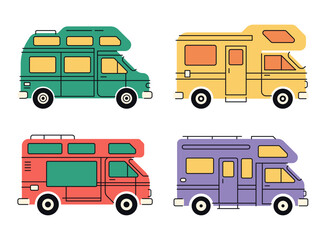Flat vector illustration of colorful camper vans in side view, showing travel, road trip, camping lifestyle, vacation transport, and outdoor adventure vehicles.