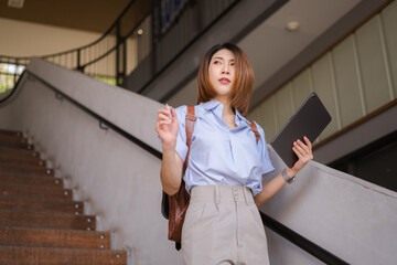 Happy businesswoman presenting or pointing, happy working.