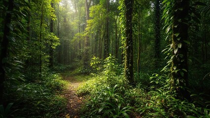 Fototapeta premium Forest path with lush foliage sunlit clearing and vinecovered trees