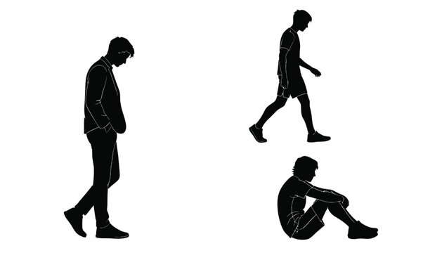 A black silhouette of a man in various poses of sadness and depression