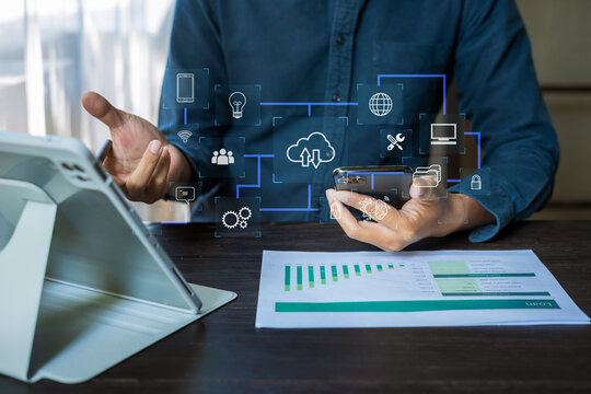 Hand touching secure access service edge icon on smartphone virtual screen background, password, network, framework and support technology in office. secure access service edge concept.