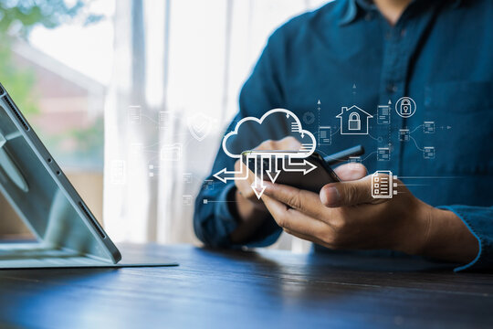 Hand touching secure access service edge icon on smartphone virtual screen background, password, network, framework and support technology in office. secure access service edge concept.
