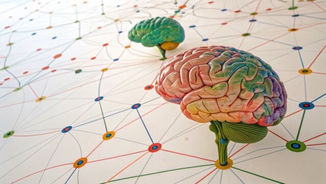 A colorful representation of two brains set against a complex network of lines and dots, symbolizing connections and neural pathways. - Powered by Adobe