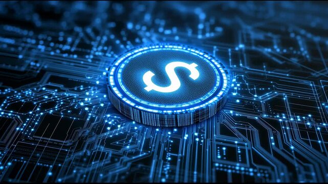 Revolutionary digital cryptocurrency coin symbol on advanced circuit board technology illustrating secure blockchain network.