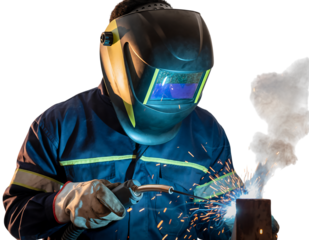 Professional welder in dark blue uniform, yellow stripes, beige gloves, and black helmet, welding metal,, isolated on transparent background