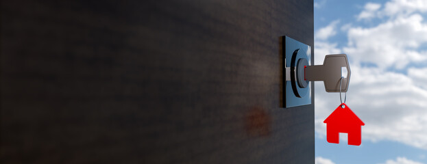 Mortgage. House model and key in house door. Real estate agent offer house, property insurance and security, affordable housing concepts. 3d rendering