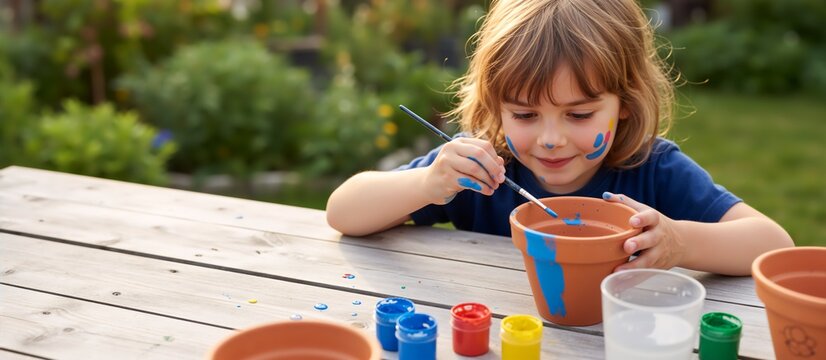 Cute little girl painting a flower pot on a wooden table in the garden. Happy child with colorful paint on face doing arts and crafts. Horizontal banner with copy space