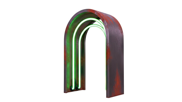 Futuristic Archway with Neon Green Lights and Rusted Metal - Powered by Adobe