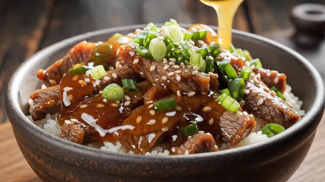 Bowl of tender beef slices, scallions, sesame seeds, drenched in glossy brown sauce, inviting aroma.