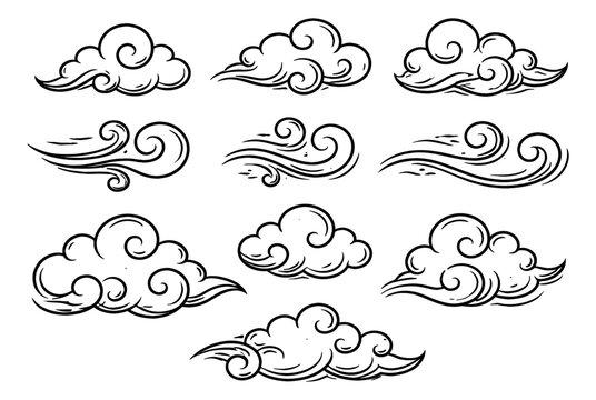 Hand drawn oriental clouds and wind set featuring traditional swirl patterns for decorative designs