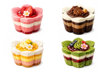 Various flower-shaped layered mousse cakes on a transparent background, featuring fresh fruit, chocolate, and matcha toppings