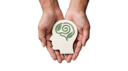 Hands holding a white brain cutout with green leaves inside, representing mental health and wellness isolated on White Background