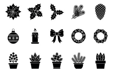 Silhouette Christmas collection set featuring poinsettia, holly, ornaments, and wreaths for holiday season designs