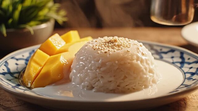 Creamy vanilla ice cream scoop with mango chunks on a bluepattern plate, milk being poured on table
