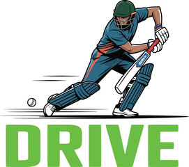 Drive Shot Vector: Cricket Batsman in Blue and Red Gear Executes Powerful Forward Drive with Motion Lines and Green Bold Text.