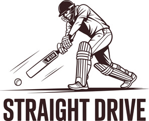 Straight Drive Pro Vector: Cricket Batsman in Full Gear Executes Classic Shot with Approaching Ball and Labeled Bat in Action Scene.