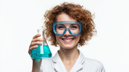 Scientist conducting experiment with blue liquid laboratory portrait bright environment enthusiastic concept