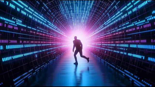 Man navigating infinite digital data tunnel immersive cyber world experience future technology visualization and network connectivity.