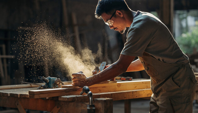 Carpenter working with wood in a workshop, creating sawdust and wood chips