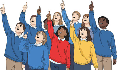 Group of diverse school children looking up and pointing at the sky illustration for education curiosity and science discovery concepts © NURUL