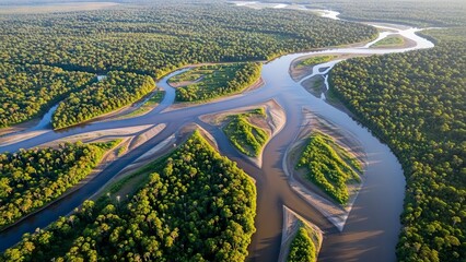 Aerial view a complex river system interweaves through lush dense green forest © Crystal Webb
