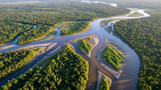 Aerial view a complex river system interweaves through lush dense green forest