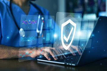 Doctor using AI Technology for Medical Data Analysis and Sustainable Healthcare to improve disease diagnosis accuracy and reduce medical errors and support faster clinical decision making 