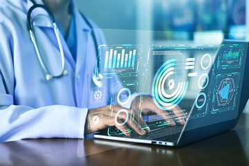 Doctor using AI Technology for Medical Data Analysis and Sustainable Healthcare to provide personalized treatment plans based on real time patient data and predictive health analytics.