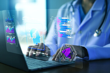 Doctor using AI Technology for Medical Data Analysis and Sustainable Healthcare to optimize medical resources and reduce operational costs and support efficient hospital management systems.