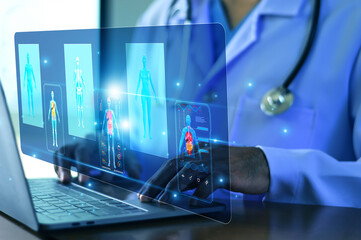 Doctor using AI Technology for Medical Data Analysis and Sustainable Healthcare to detect health risks early and enhance preventive care and improve long term patient outcomes.