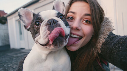 Playful interaction between girl and dog urban setting portrait photography joyful atmosphere close-up pet bonding