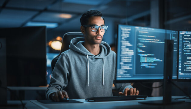 Young programmer deeply focused on computer coding at night office