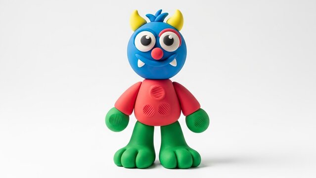 Clay monster blue head red torso green limbs yellow horns on white