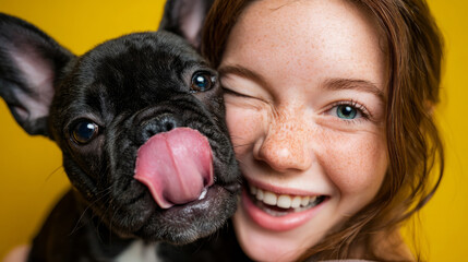 Joyful girl with french bulldog indoor setting portrait warm atmosphere playful concept