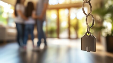 Fototapeta premium Excited Asian Chinese family admiring their new home, standing in a minimalist space with natural light creating a peaceful, joyful atmosphere of new beginnings.