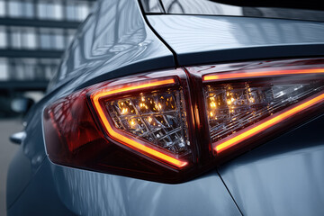 Close-up of modern car tail light with illuminated led design in urban setting